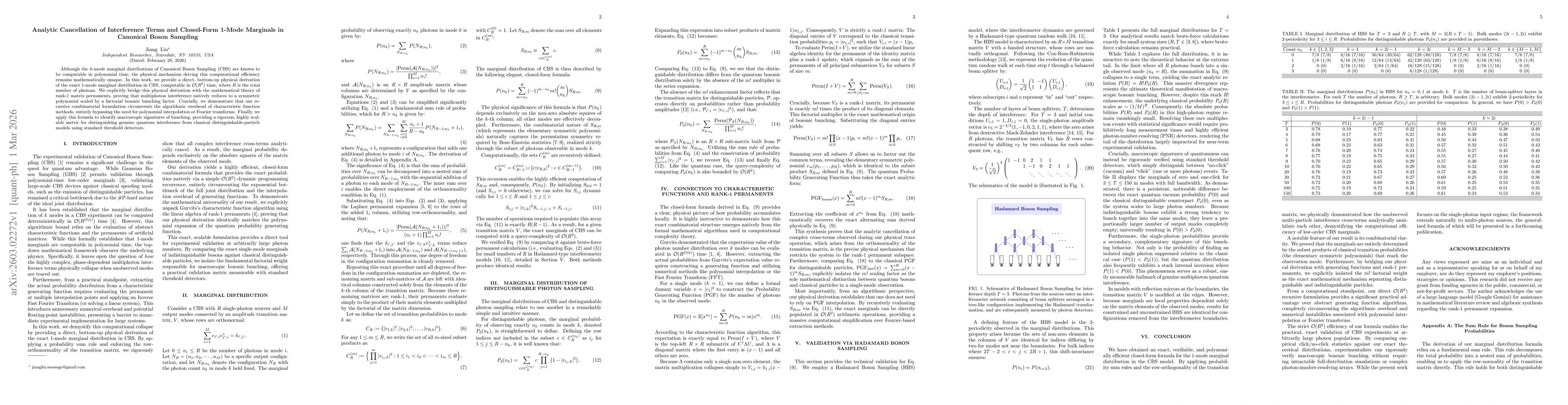 Thumbnail for Analytic Cancellation of Interference Terms and Closed-Form 1-Mode Marginals in Canonical Boson Sampling