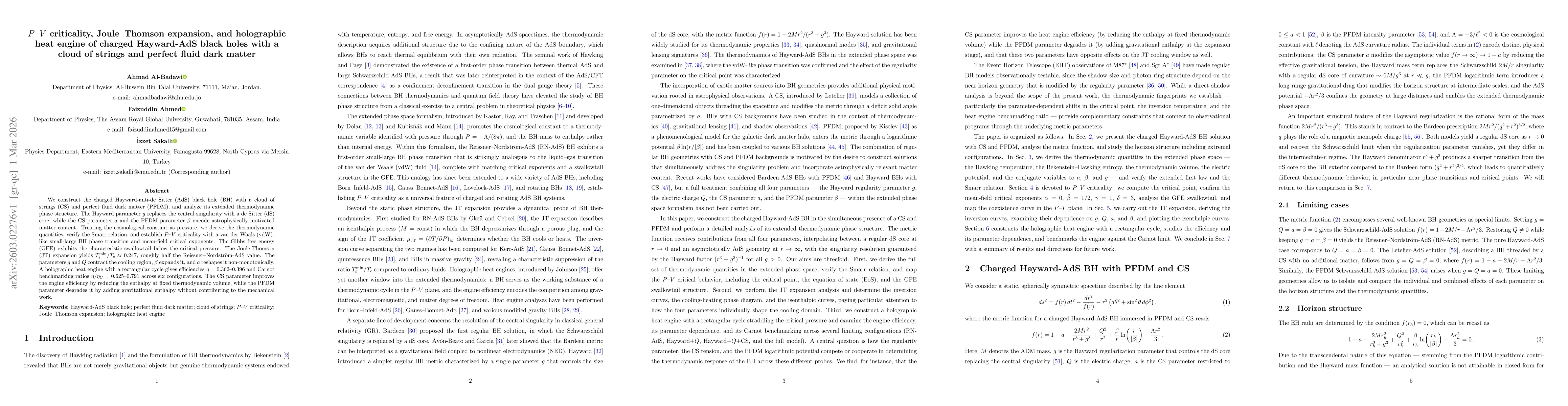 Thumbnail for $P$--$V$ criticality, Joule--Thomson expansion, and holographic heat engine of charged Hayward-AdS black holes with a cloud of strings and perfect fluid dark matter