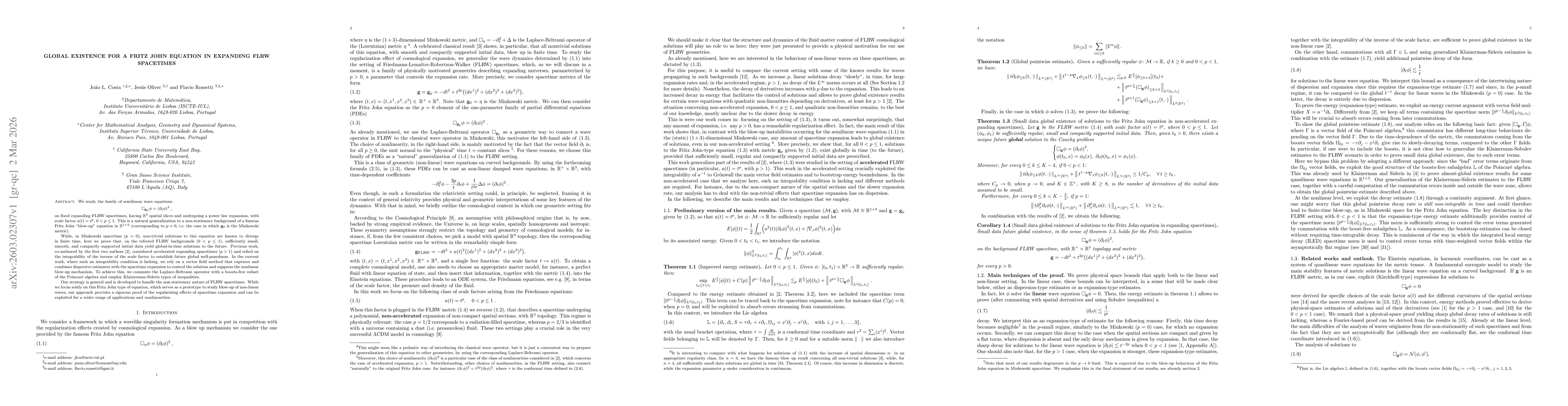 Thumbnail for Global existence for a Fritz John equation in expanding FLRW spacetimes