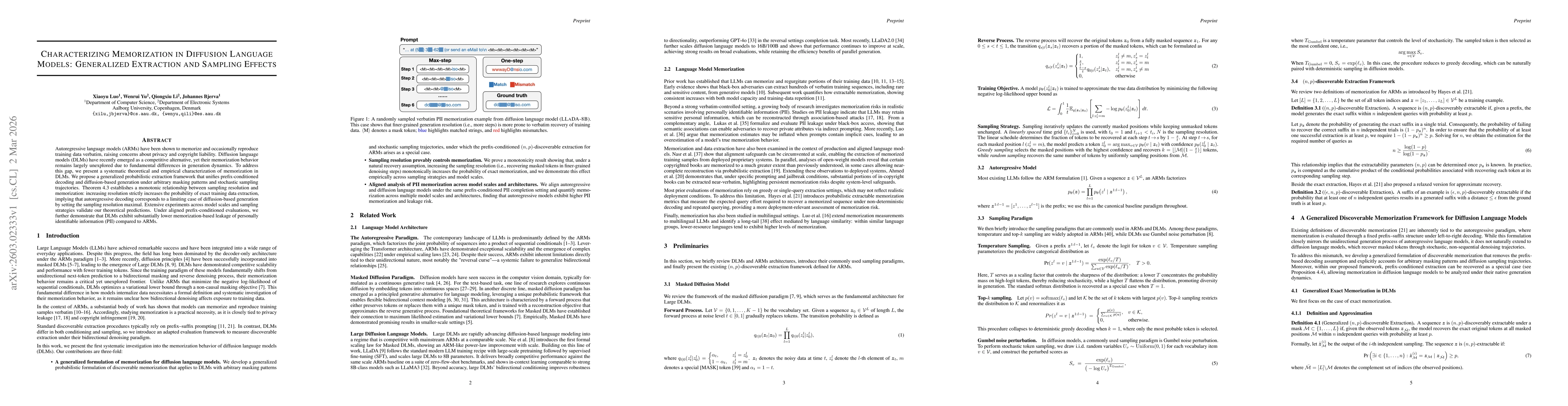 Thumbnail for Characterizing Memorization in Diffusion Language Models: Generalized Extraction and Sampling Effects