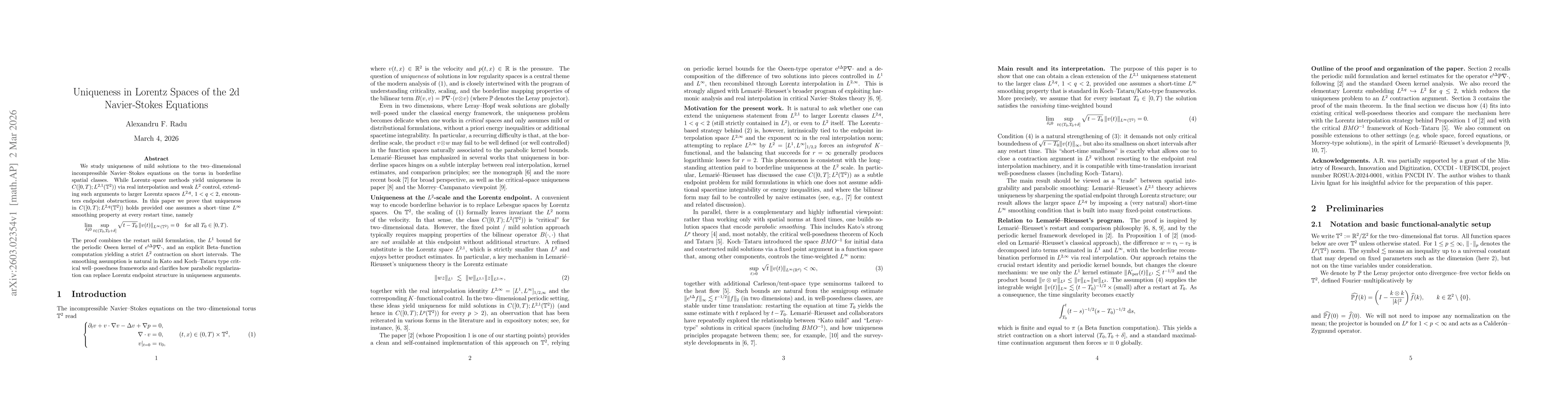 Thumbnail for Uniqueness in Lorentz Spaces of the 2d Navier-Stokes equation