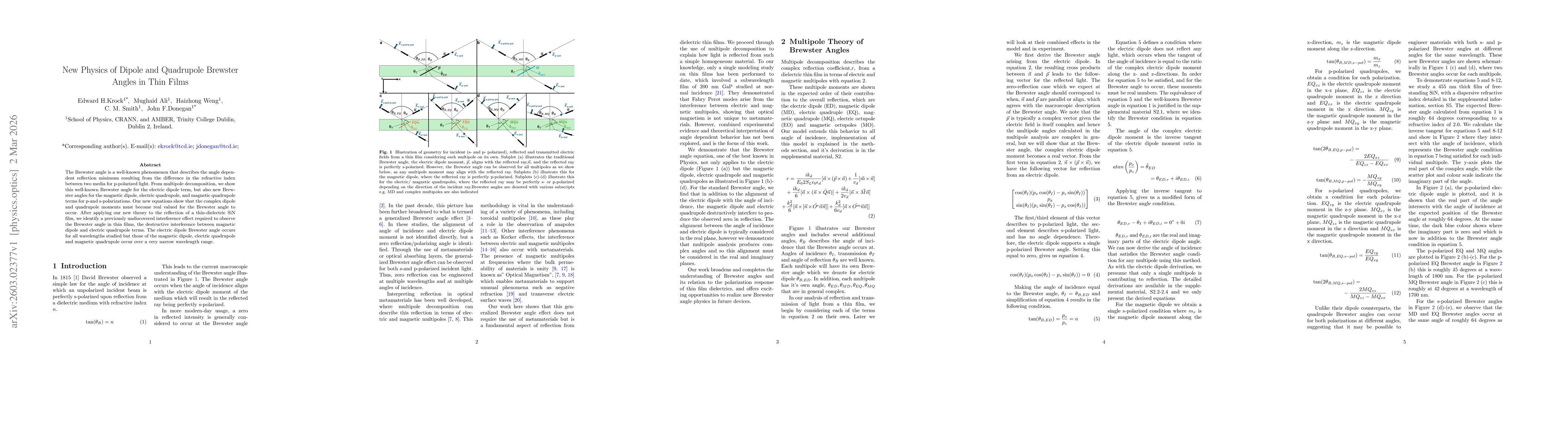 Thumbnail for New Physics of Dipole and Quadrupole Brewster Angles in Thin Films