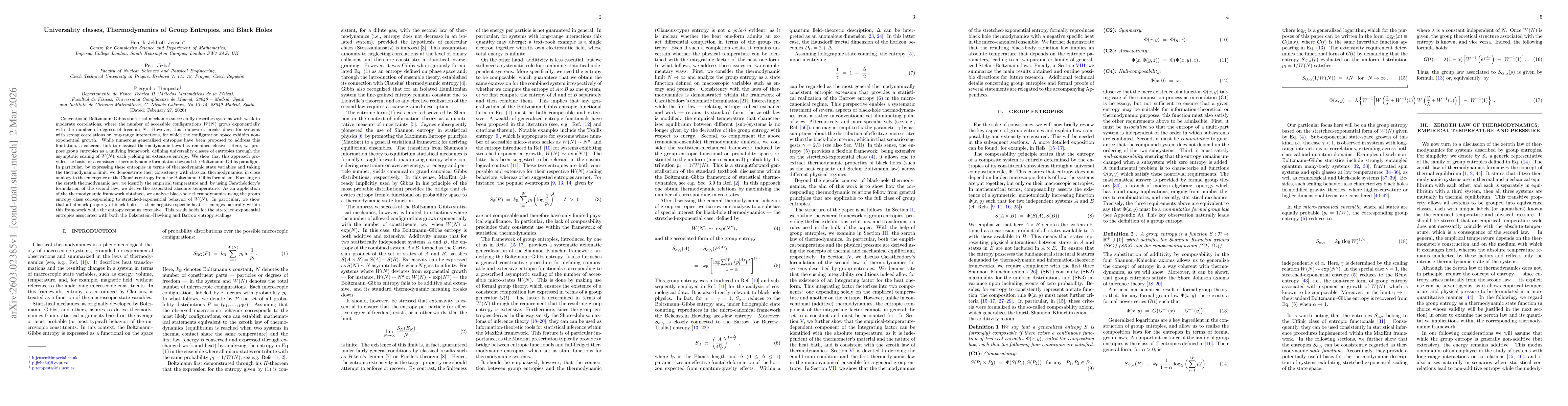 Thumbnail for Universality classes, Thermodynamics of Group Entropies, and Black Holes