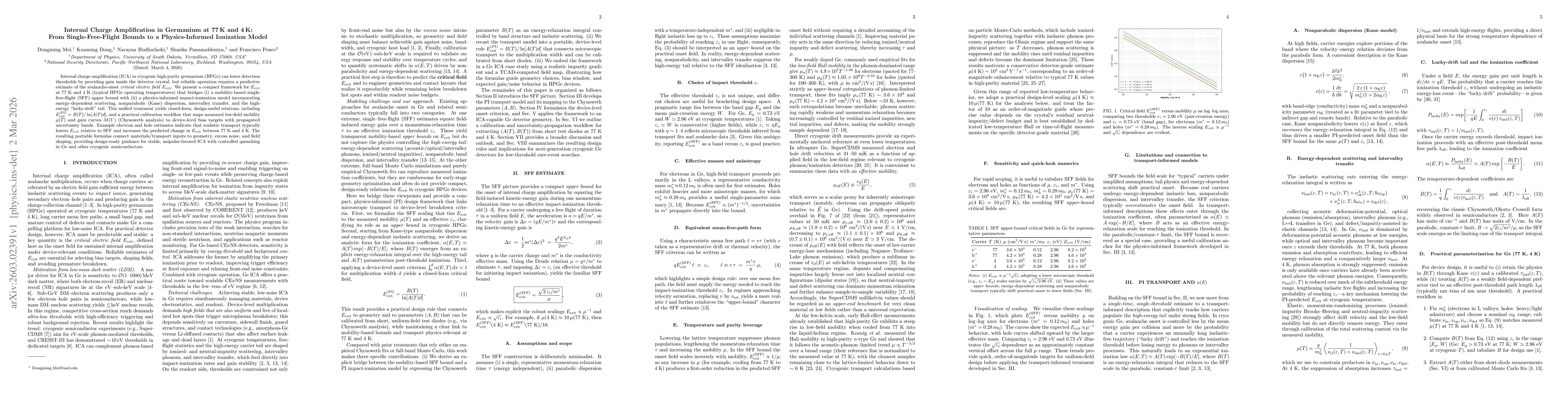 Thumbnail for Internal Charge Amplification in Germanium at 77K and 4K: From Single-Free-Flight Bounds to a Physics-Informed Ionization Model