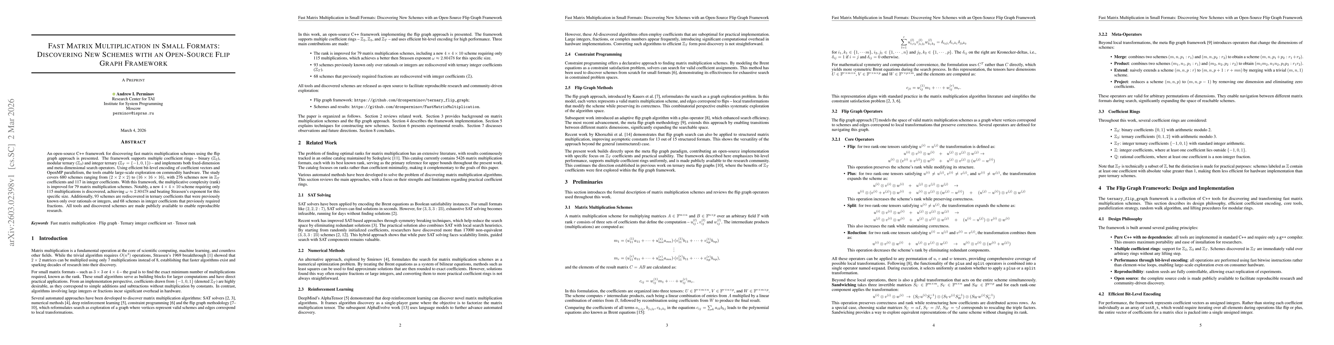 Thumbnail for Fast Matrix Multiplication in Small Formats: Discovering New Schemes with an Open-Source Flip Graph Framework