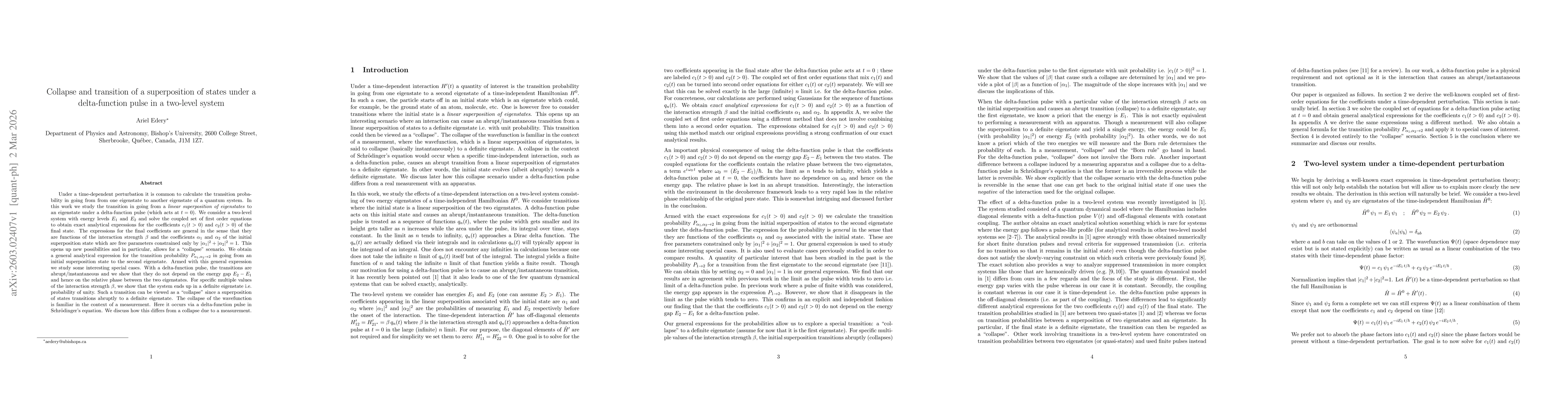 Thumbnail for Collapse and transition of a superposition of states under a delta-function pulse in a two-level system