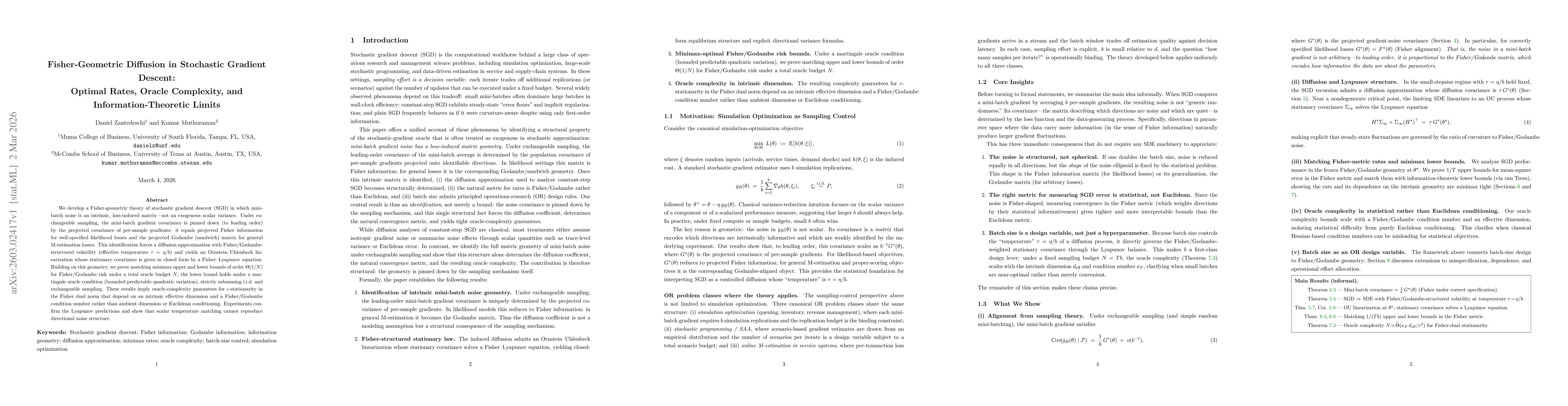 Thumbnail for Fisher-Geometric Diffusion in Stochastic Gradient Descent: Optimal Rates, Oracle Complexity, and Information-Theoretic Limits