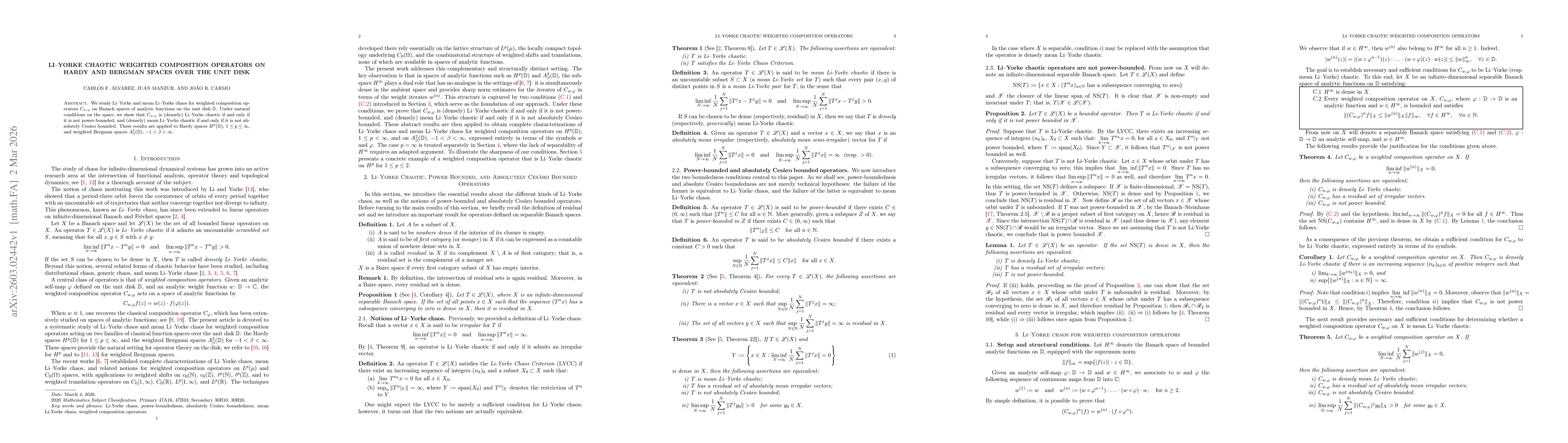 Thumbnail for Li--Yorke chaotic weighted composition operators on Hardy and Bergman spaces over the unit disk