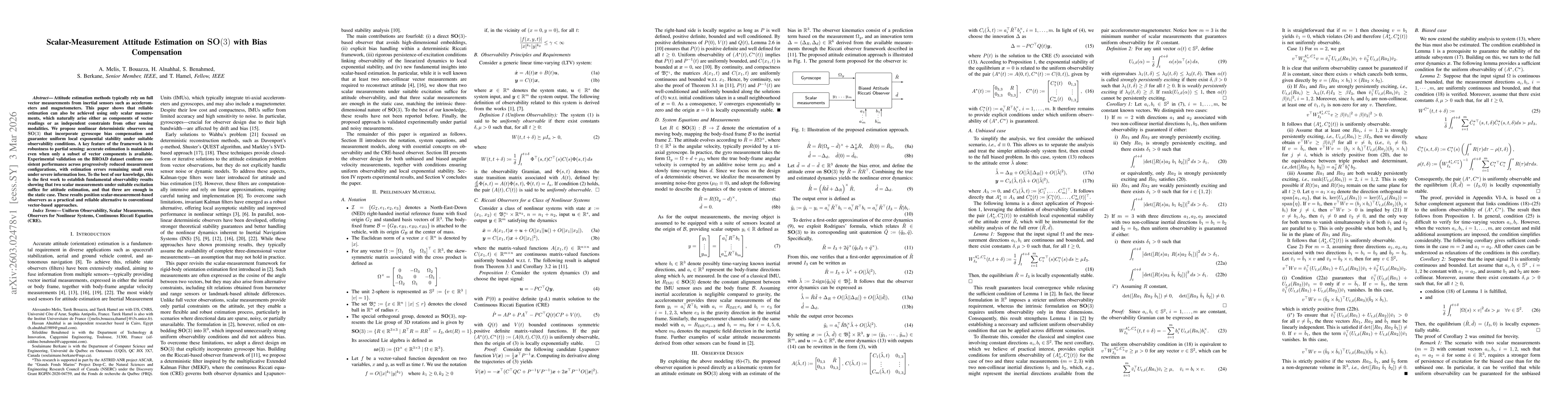 Thumbnail for Scalar-Measurement Attitude Estimation on $\mathbf{SO}(3)$ with Bias Compensation