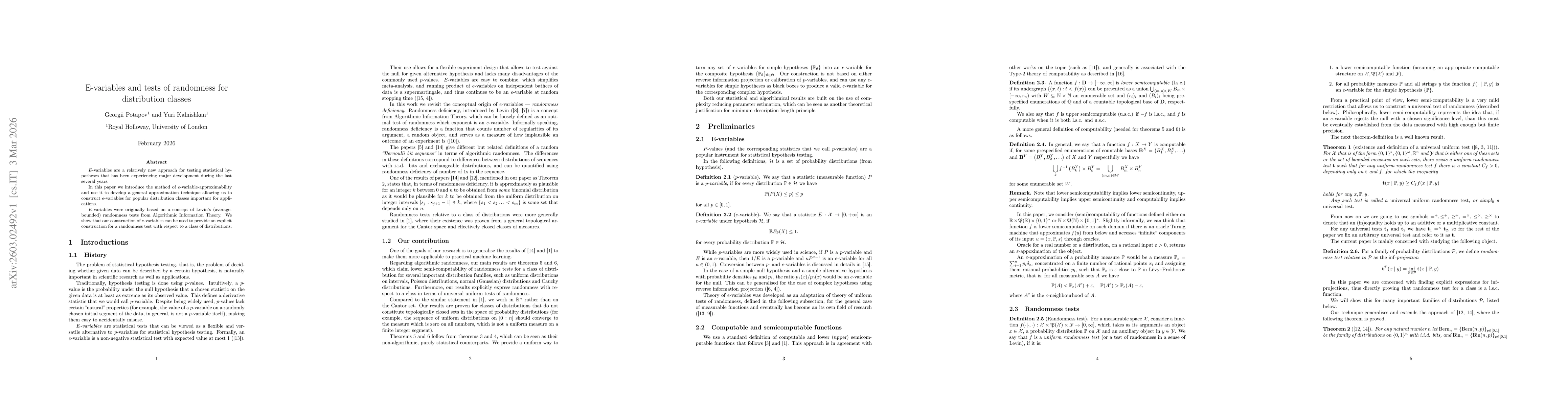 Thumbnail for E-variables and tests of randomness for distribution classes