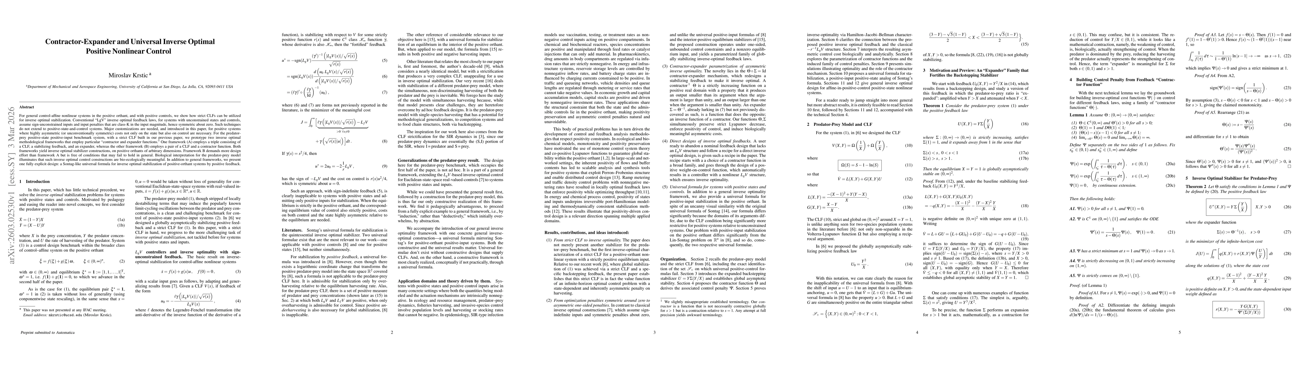 Thumbnail for Contractor-Expander and Universal Inverse Optimal Positive Nonlinear Control