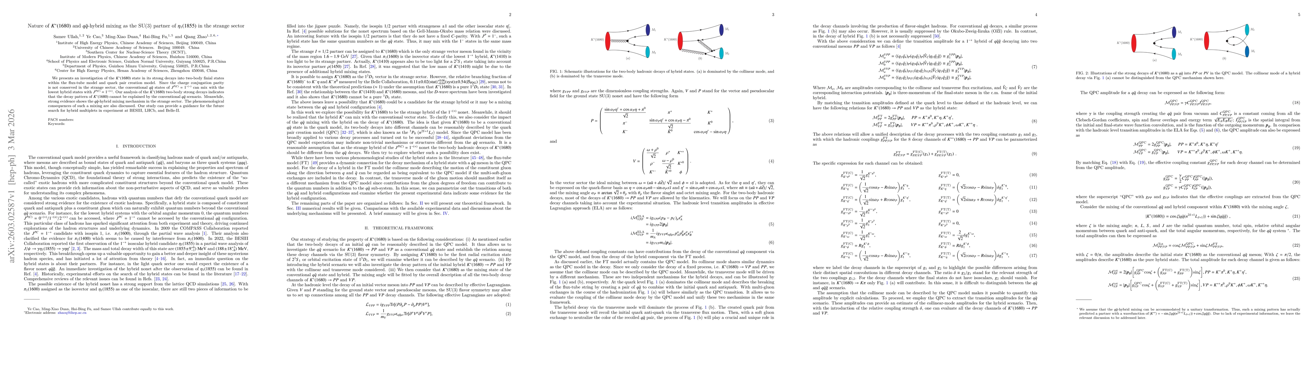 Thumbnail for Nature of $K^*(1680)$ and $q\bar{q}$-hybrid mixing as the SU(3) partner of $η_{1}(1855)$ in the strange sector