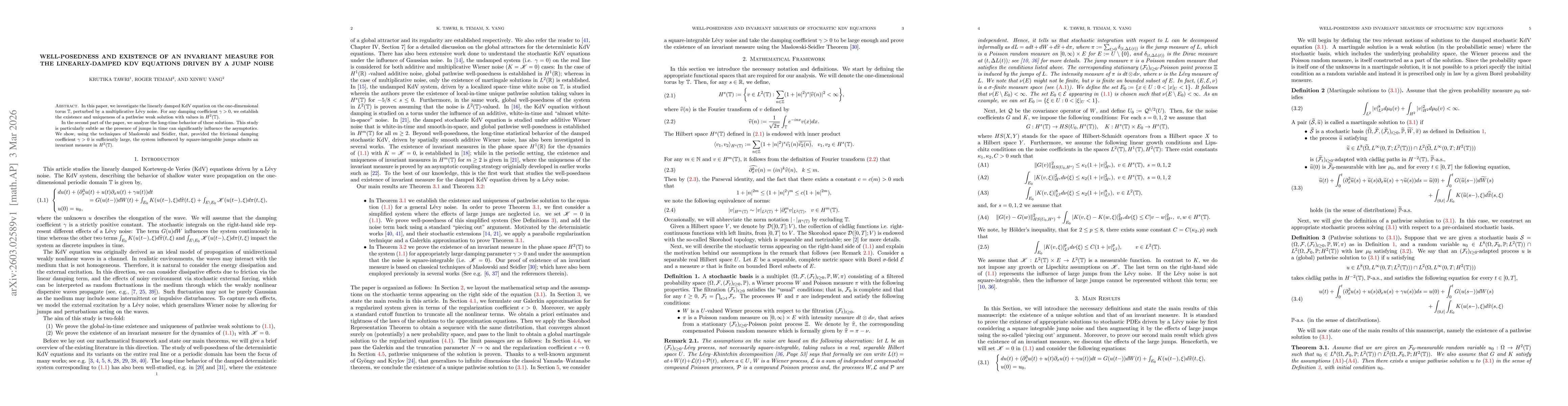 Thumbnail for Well-posedness and existence of an invariant measure for the linearly-damped KdV equations driven by a jump noise