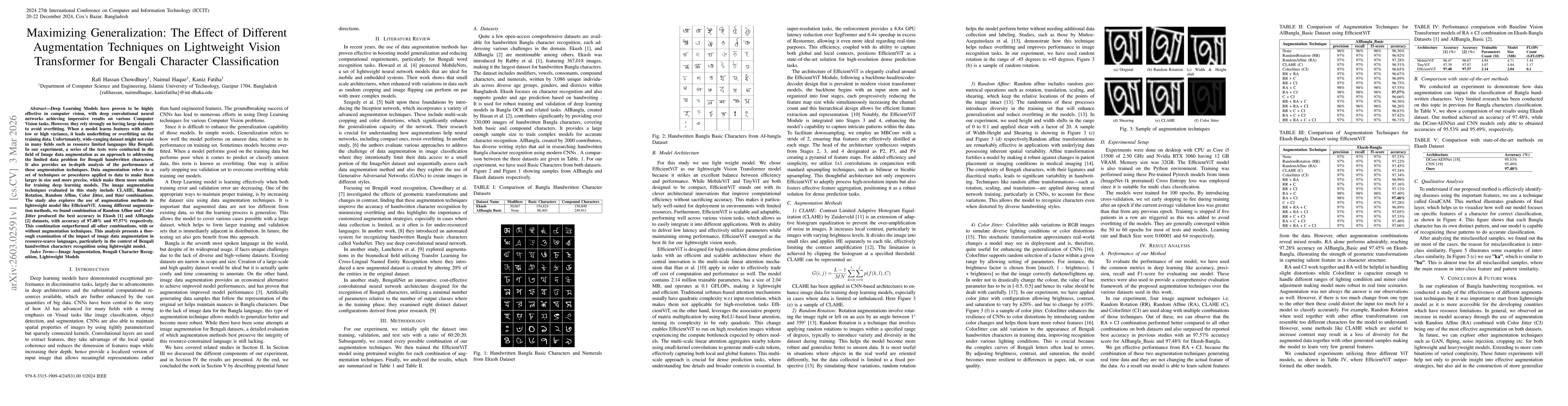 Thumbnail for Maximizing Generalization: The Effect of Different Augmentation Techniques on Lightweight Vision Transformer for Bengali Character Classification