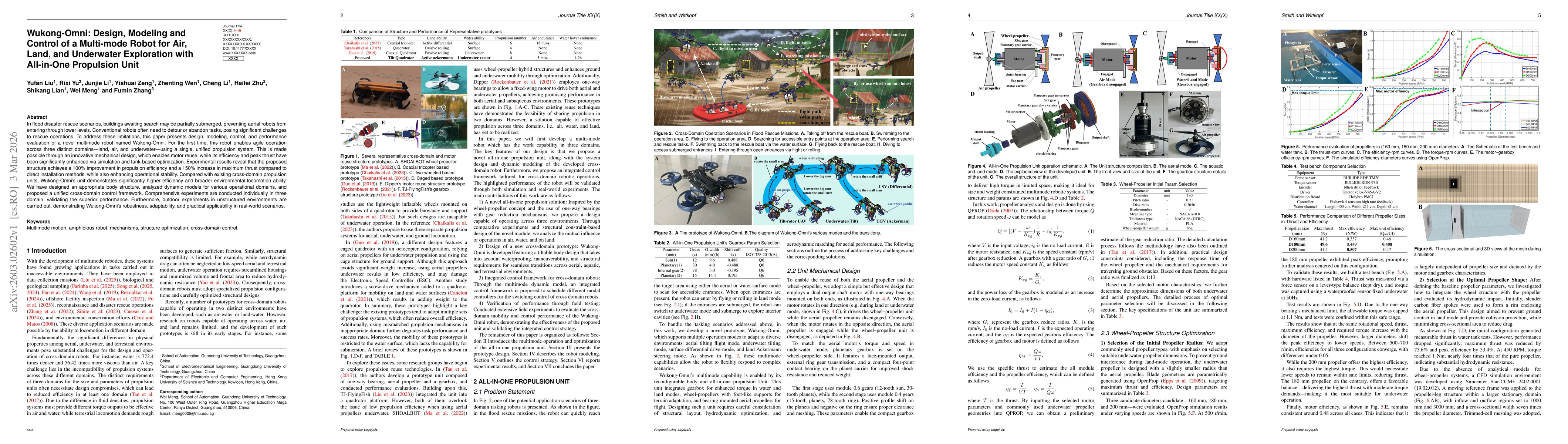 Thumbnail for Wukong-Omni: Design, Modeling and Control of a Multi-mode Robot for Air, Land, and Underwater Exploration with All-in-One Propulsion Unit