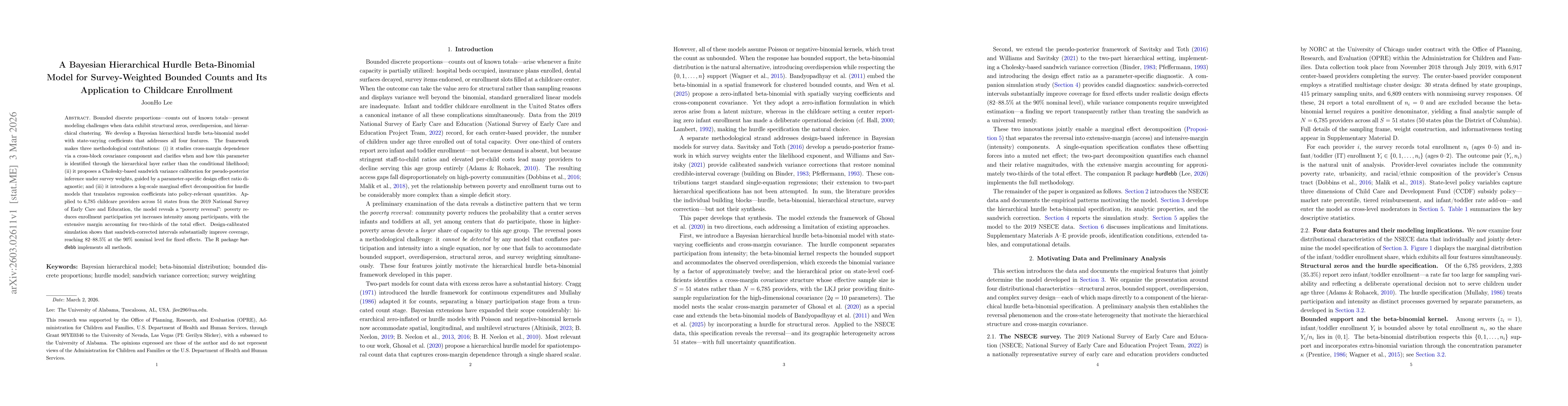 Thumbnail for A Bayesian Hierarchical Hurdle Beta-Binomial Model for Survey-Weighted Bounded Counts and Its Application to Childcare Enrollment