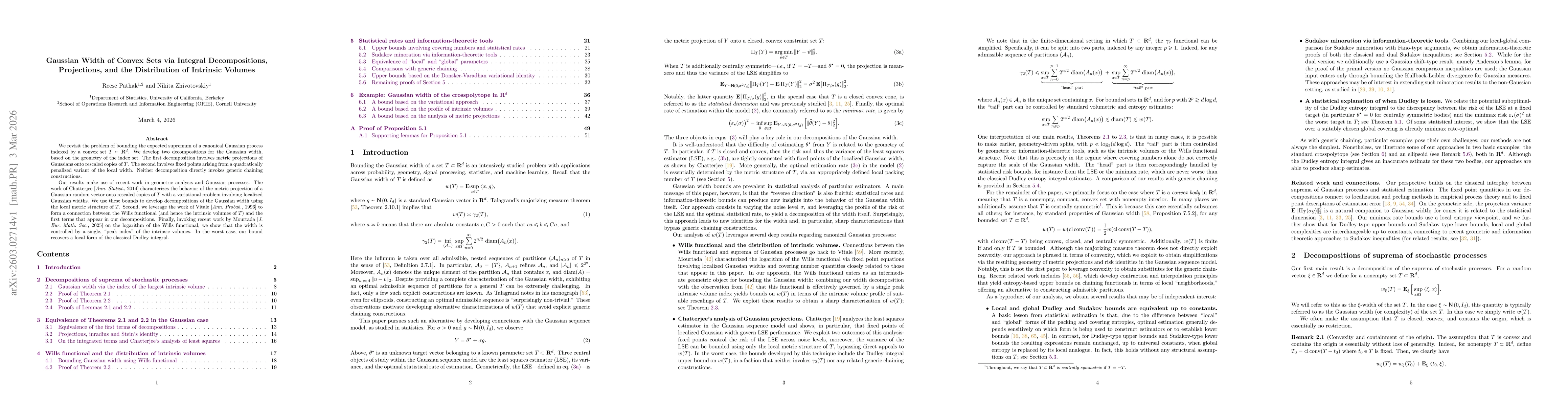 Thumbnail for Gaussian Width of Convex Sets via Integral Decompositions, Projections, and the Distribution of Intrinsic Volumes