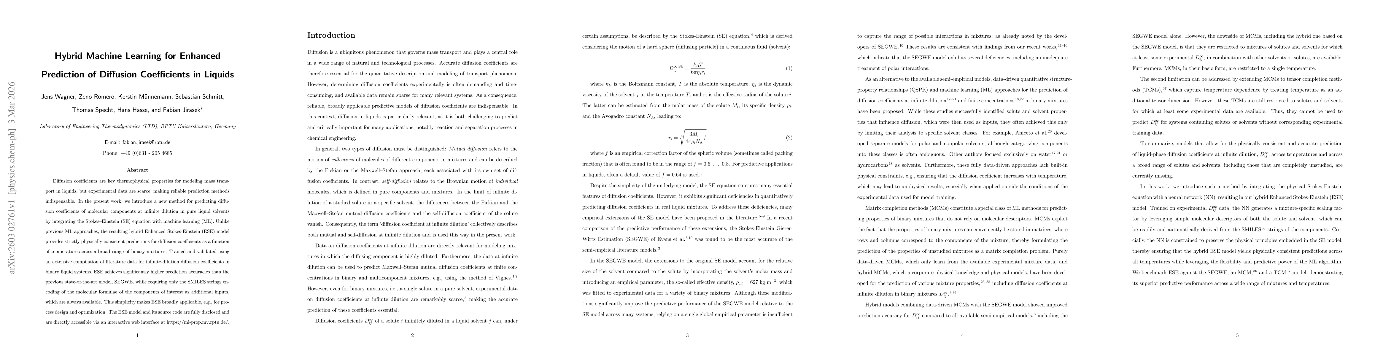 Thumbnail for Hybrid Machine Learning for Enhanced Prediction of Diffusion Coefficients in Liquids