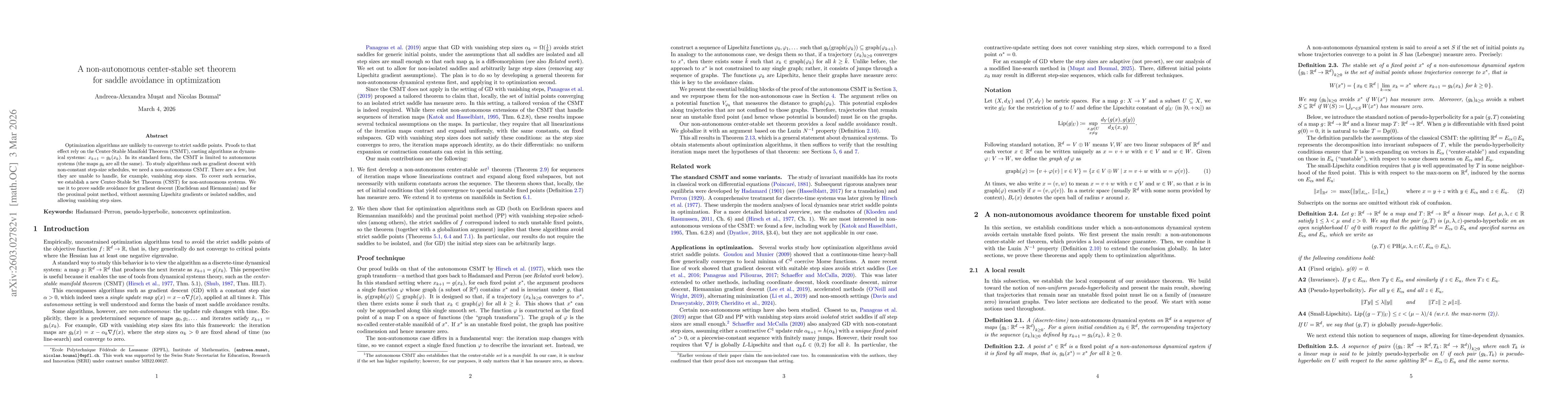 Thumbnail for A non-autonomous center-stable set theorem for saddle avoidance in optimization