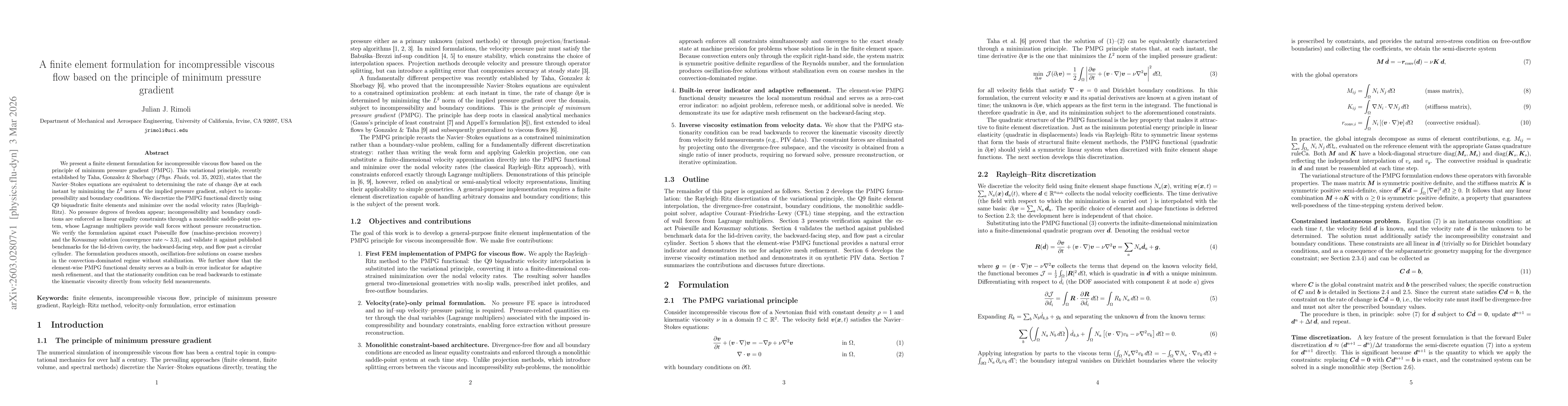 Thumbnail for A finite element formulation for incompressible viscous flow based on the principle of minimum pressure gradient