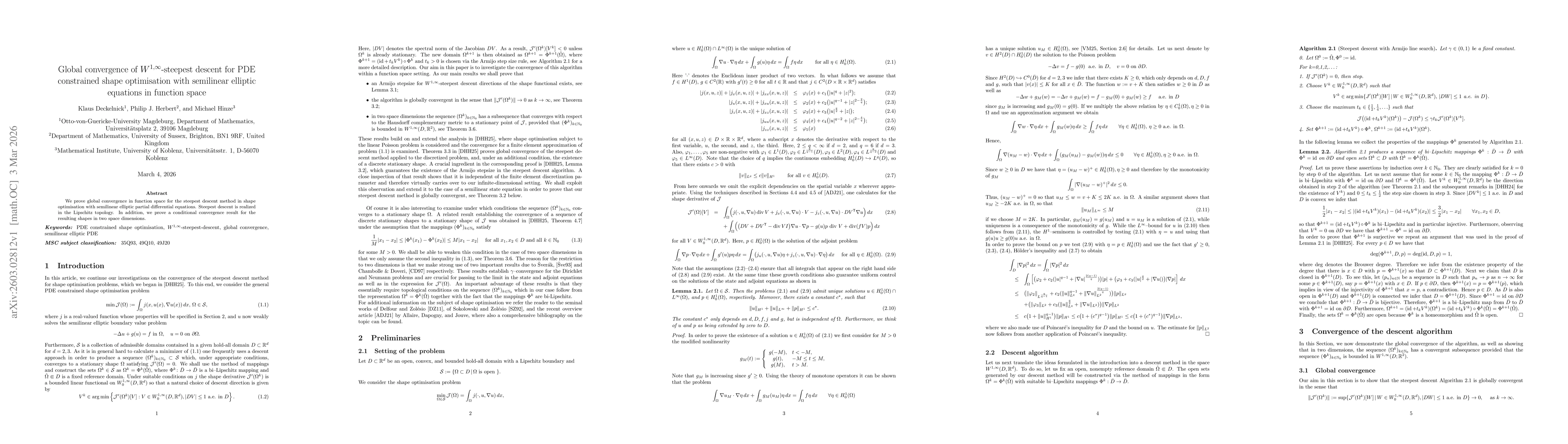 Thumbnail for Global convergence of $W^{1,\infty}$-steepest descent for PDE constrained shape optimisation with semilinear elliptic equations in function space