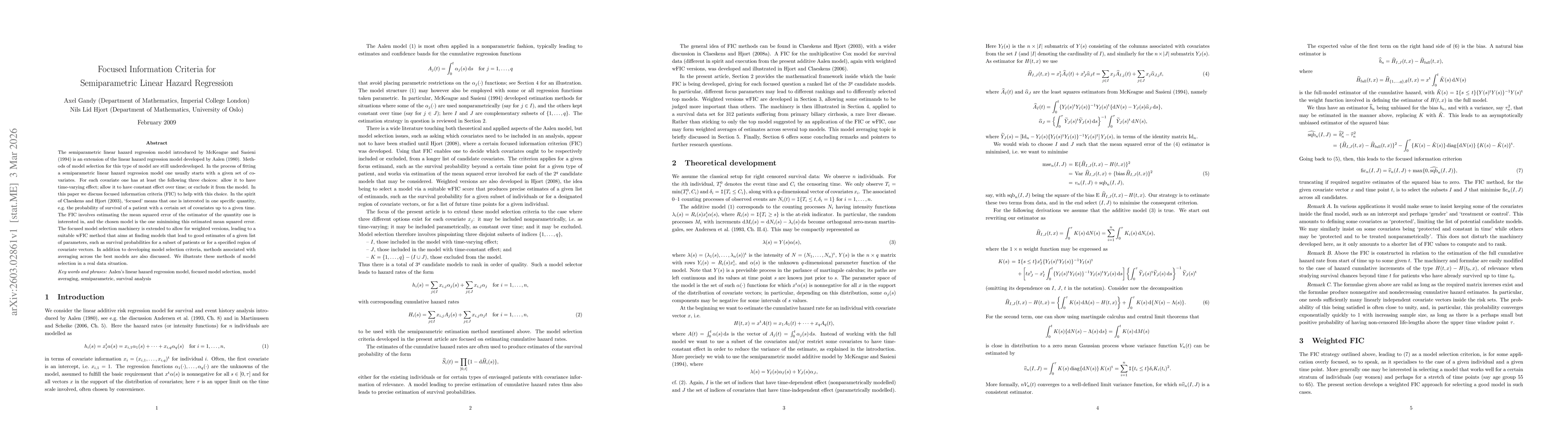 Thumbnail for Focused Information Criteria for Semiparametric Linear Hazard Regression