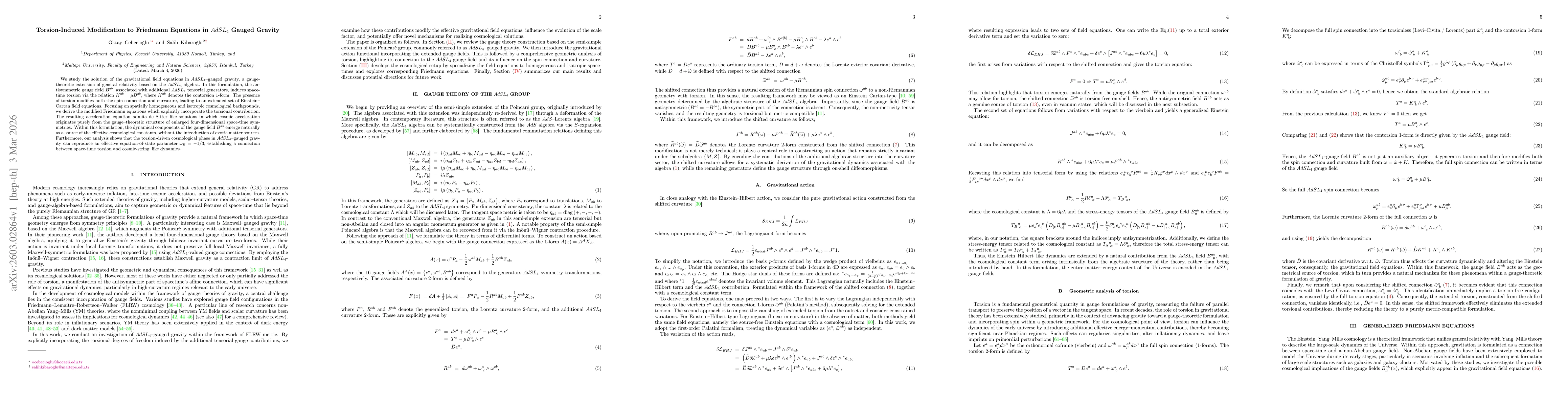 Thumbnail for Torsion-Induced Modification to Friedmann Equations in $AdSL_{4}$ Gauged Gravity
