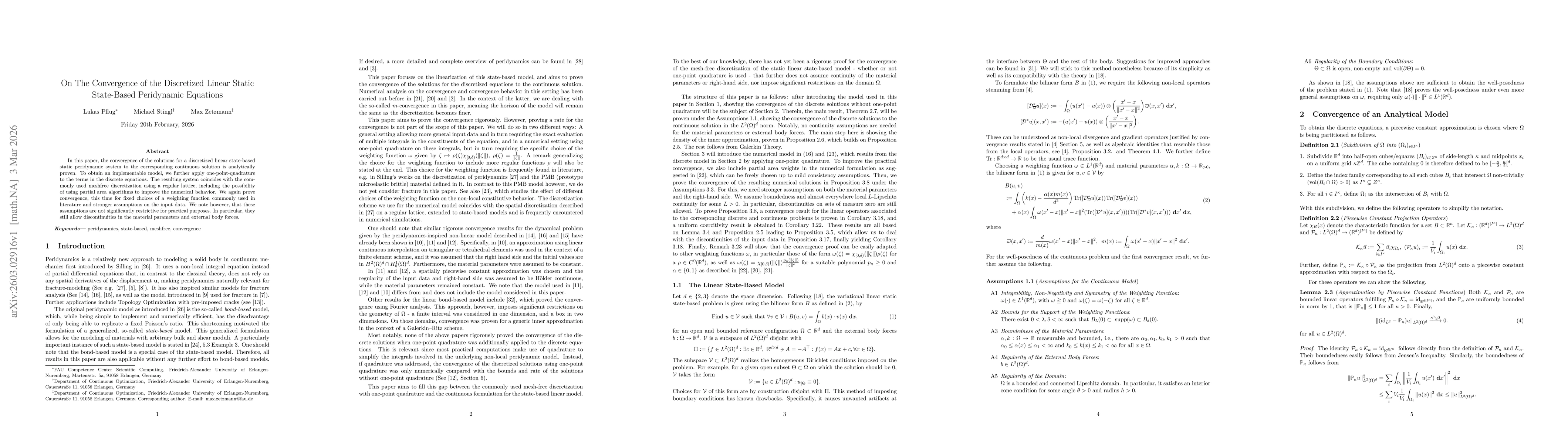 Thumbnail for On The Convergence of the Discretized Linear Static State-Based Peridynamic Equations