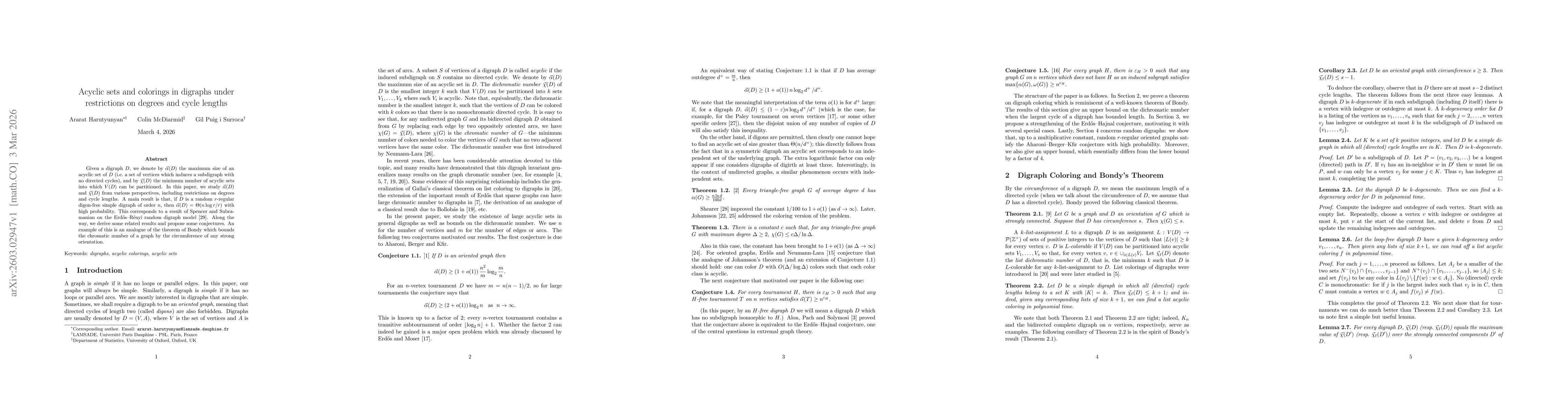 Thumbnail for Acyclic sets and colorings in digraphs under restrictions on degrees and cycle lengths