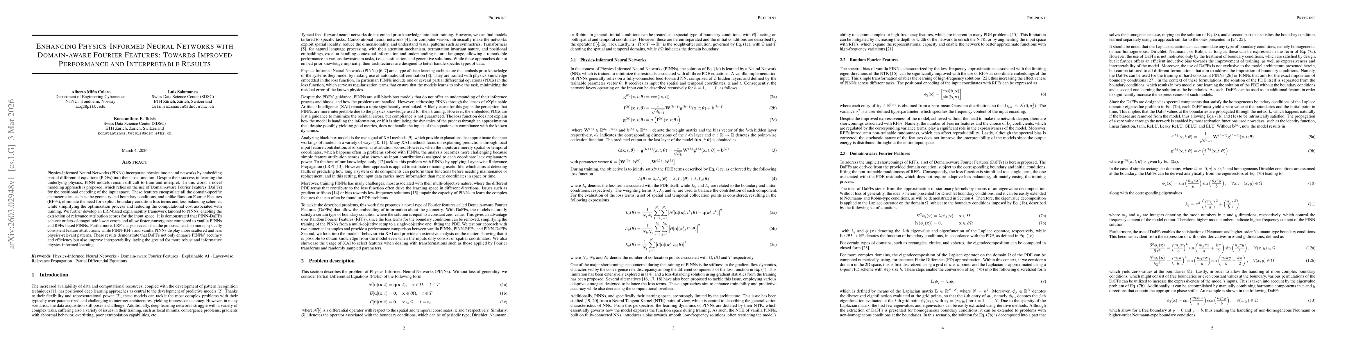 Thumbnail for Enhancing Physics-Informed Neural Networks with Domain-aware Fourier Features: Towards Improved Performance and Interpretable Results