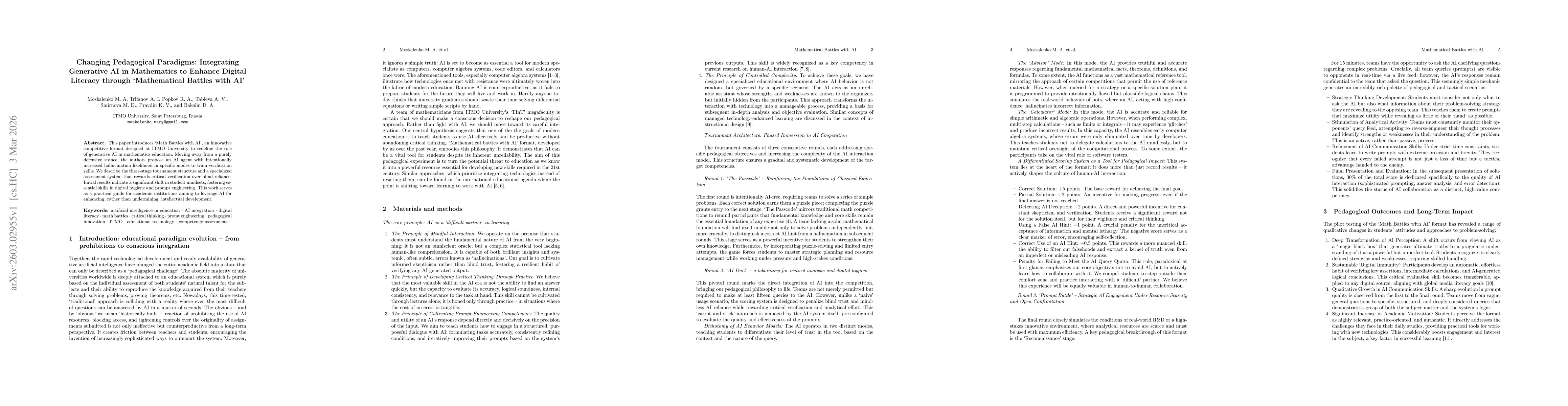 Thumbnail for Changing Pedagogical Paradigms: Integrating Generative AI in Mathematics to Enhance Digital Literacy through 'Mathematical Battles with AI'