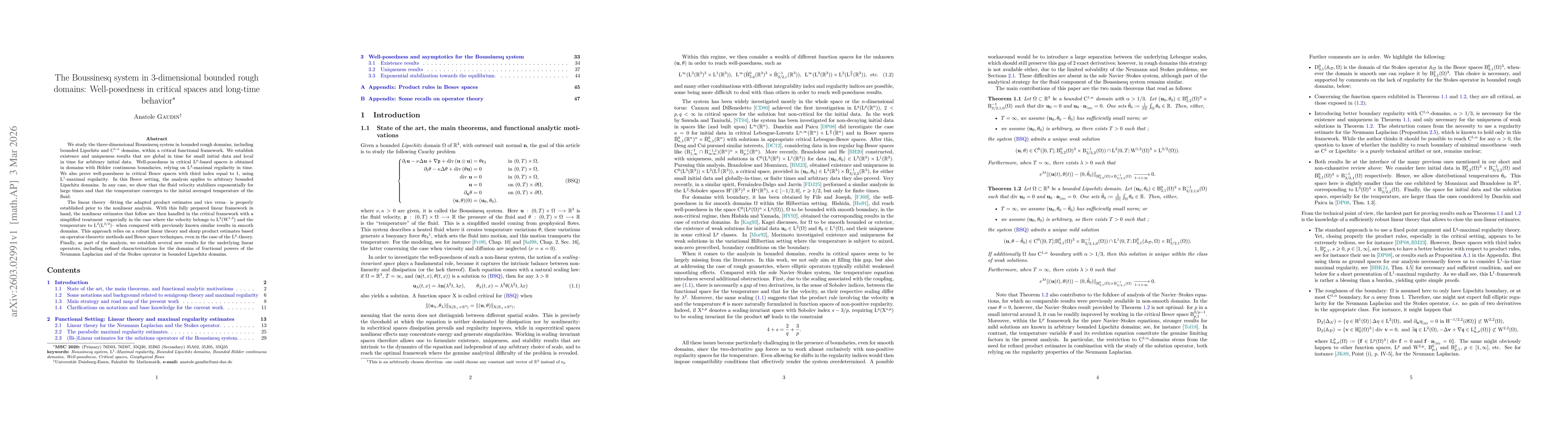 Thumbnail for The Boussinesq system in 3-dimensional bounded rough domains: Well-posedness in critical spaces and long-time behavior