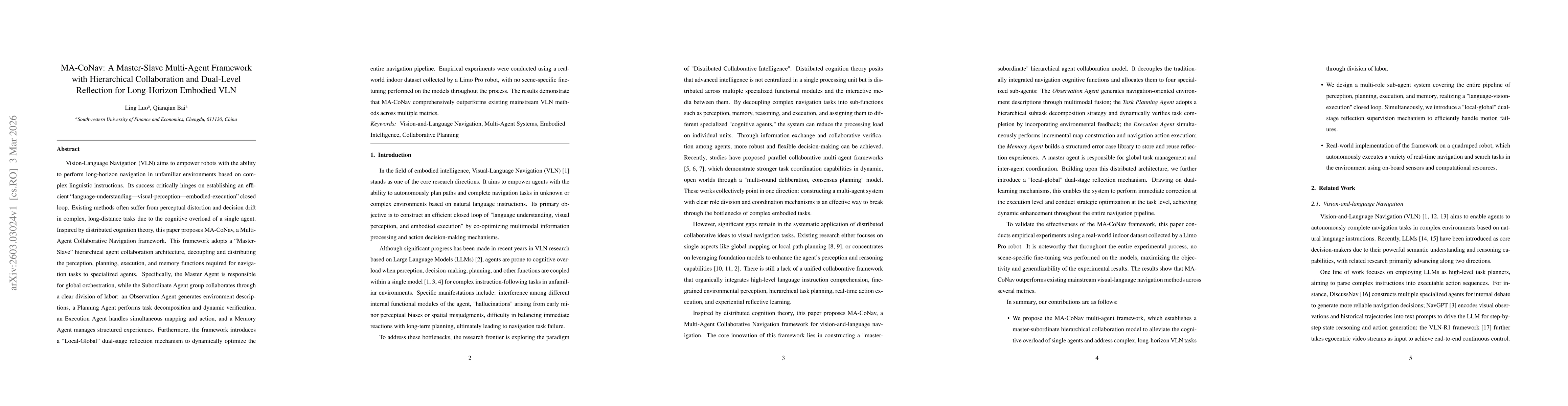 Thumbnail for MA-CoNav: A Master-Slave Multi-Agent Framework with Hierarchical Collaboration and Dual-Level Reflection for Long-Horizon Embodied VLN