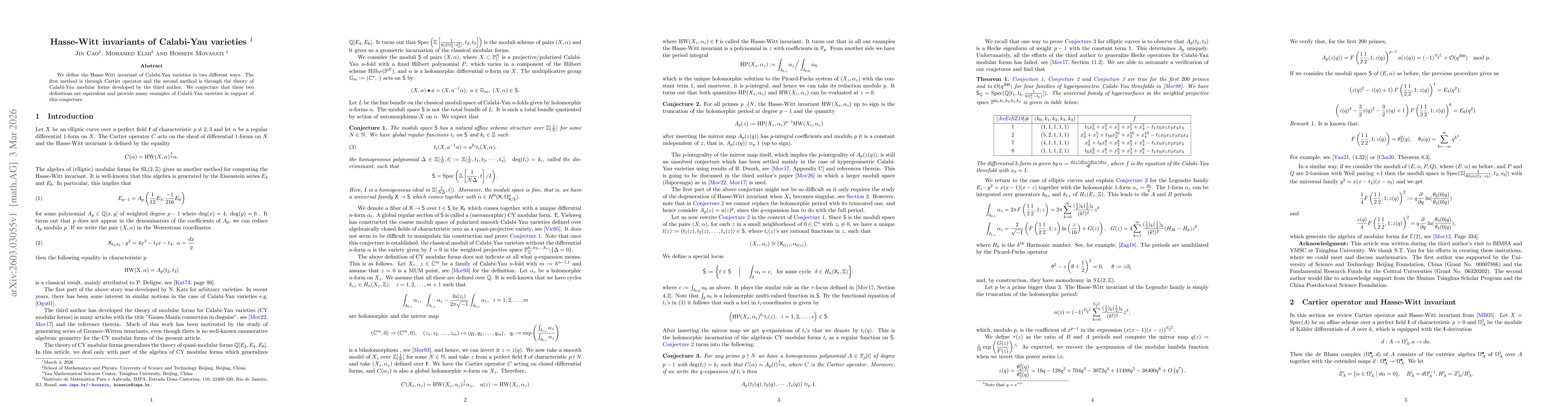 Thumbnail for Hasse-Witt invariants of Calabi-Yau varieties
