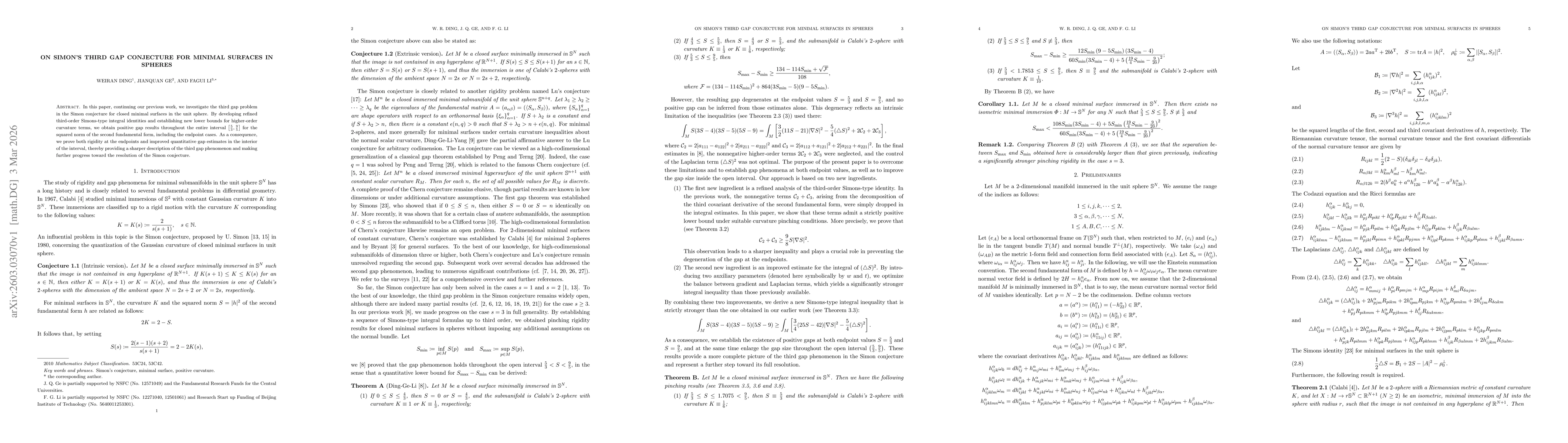 Thumbnail for On Simon's third gap conjecture for minimal surfaces in spheres