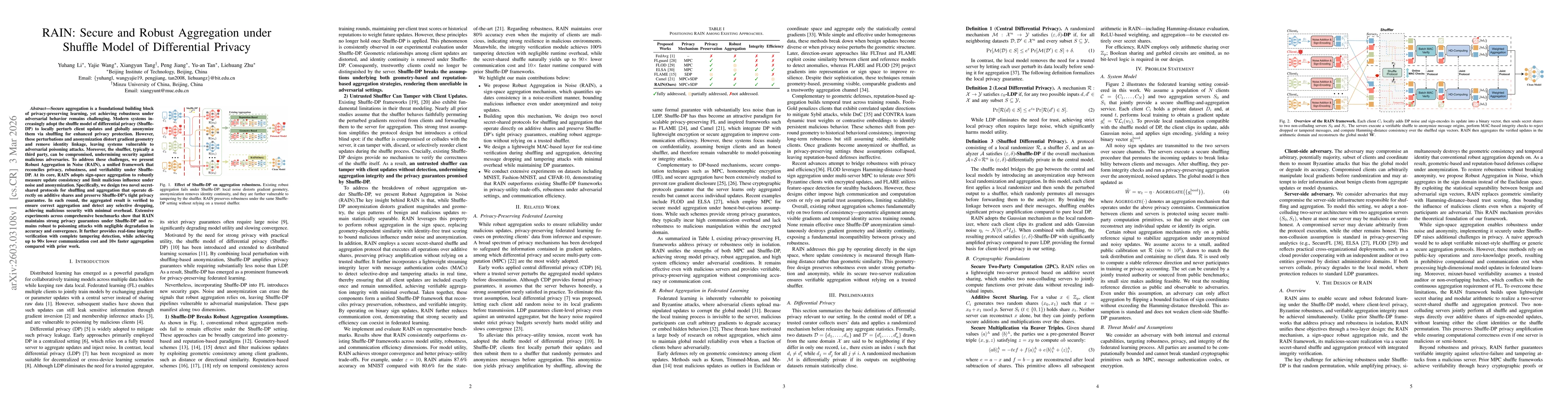 Thumbnail for RAIN: Secure and Robust Aggregation under Shuffle Model of Differential Privacy