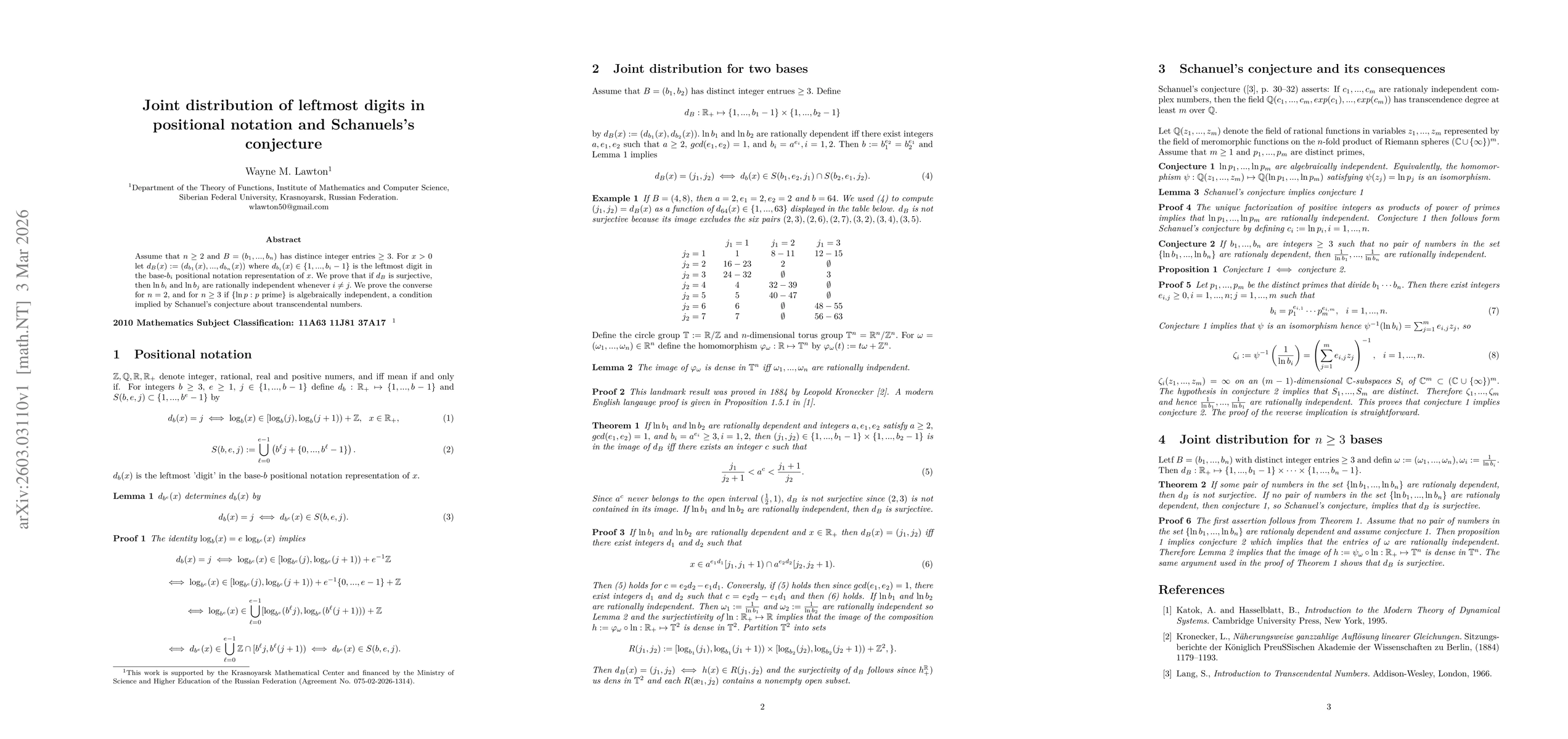 Thumbnail for Joint distribution of leftmost digits in positional notation and Schanuels's conjecture