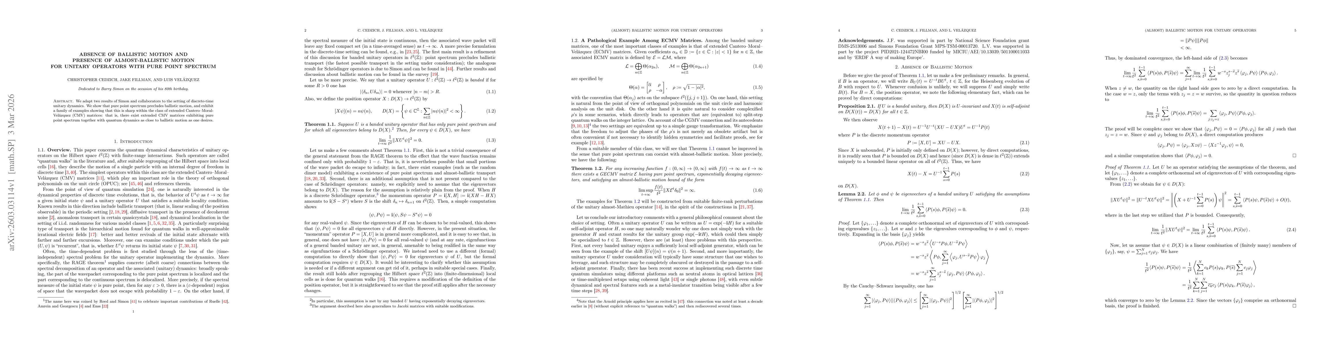 Thumbnail for Absence of ballistic motion and presence of almost-ballistic motion for unitary operators with pure point spectrum