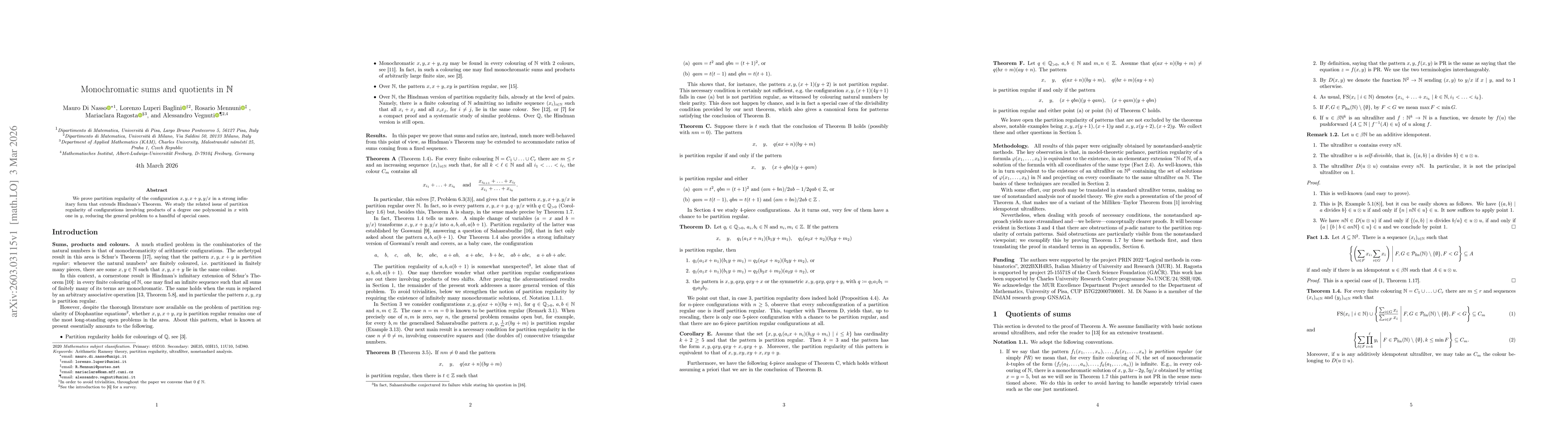 Thumbnail for Monochromatic sums and quotients in $\mathbb N$