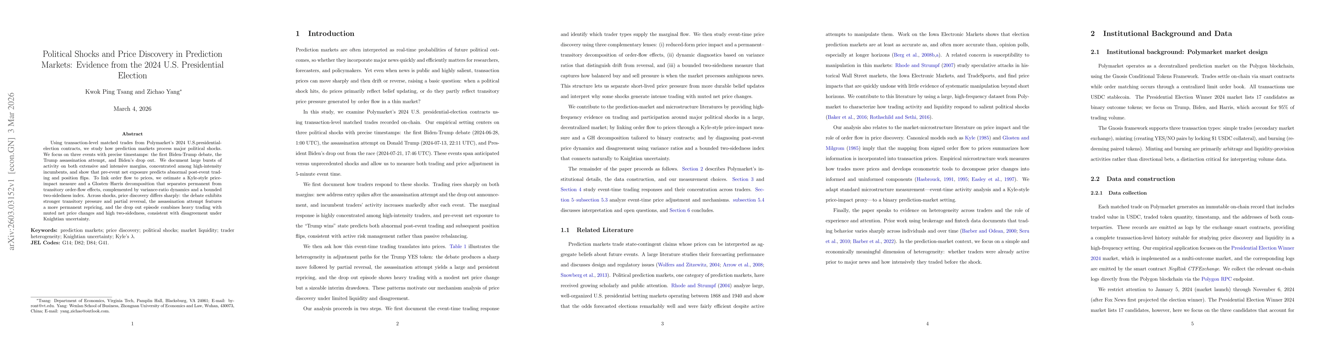 Thumbnail for Political Shocks and Price Discovery in Prediction Markets: Evidence from the 2024 U.S. Presidential Election