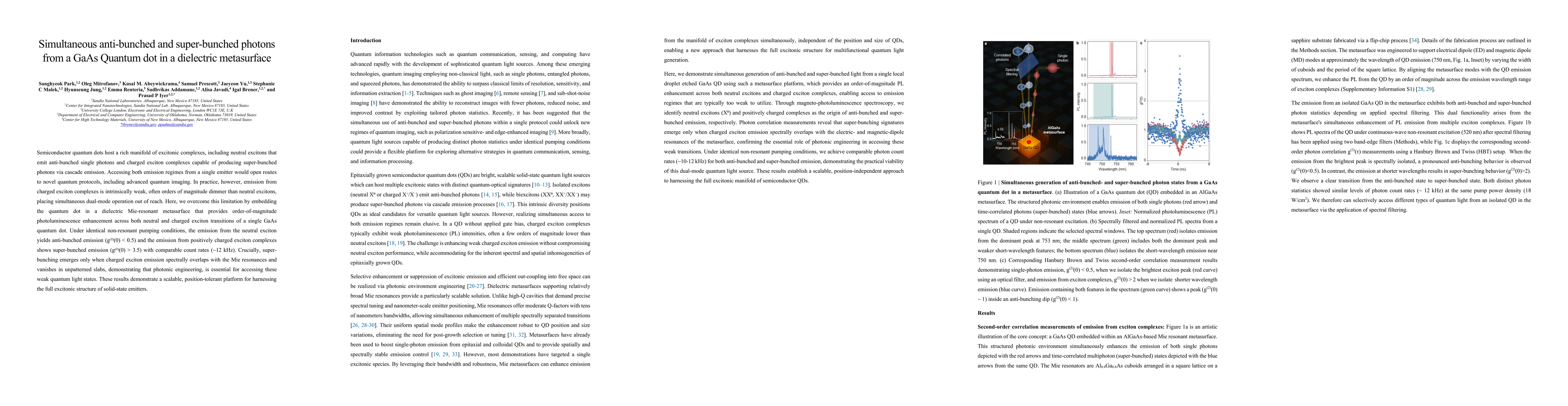 Thumbnail for Simultaneous anti-bunched and super-bunched photons from a GaAs Quantum dot in a dielectric metasurface