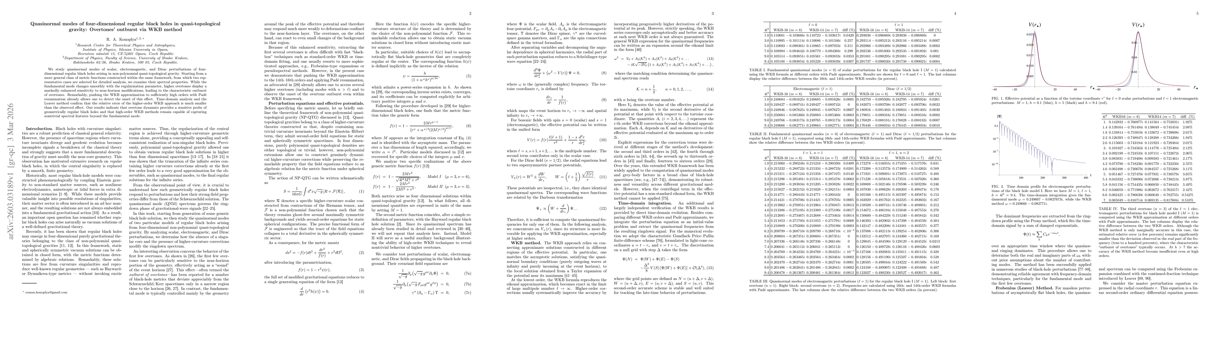 Thumbnail for Quasinormal modes of four-dimensional regular black holes in quasi-topological gravity: Overtones' outburst via WKB method