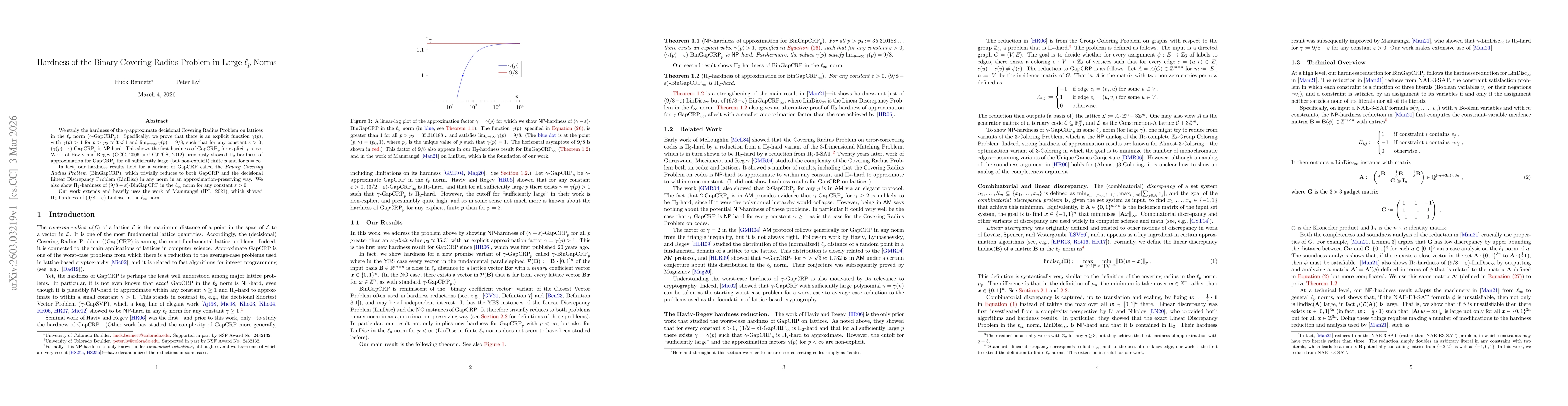 Thumbnail for Hardness of the Binary Covering Radius Problem in Large $\ell_p$ Norms