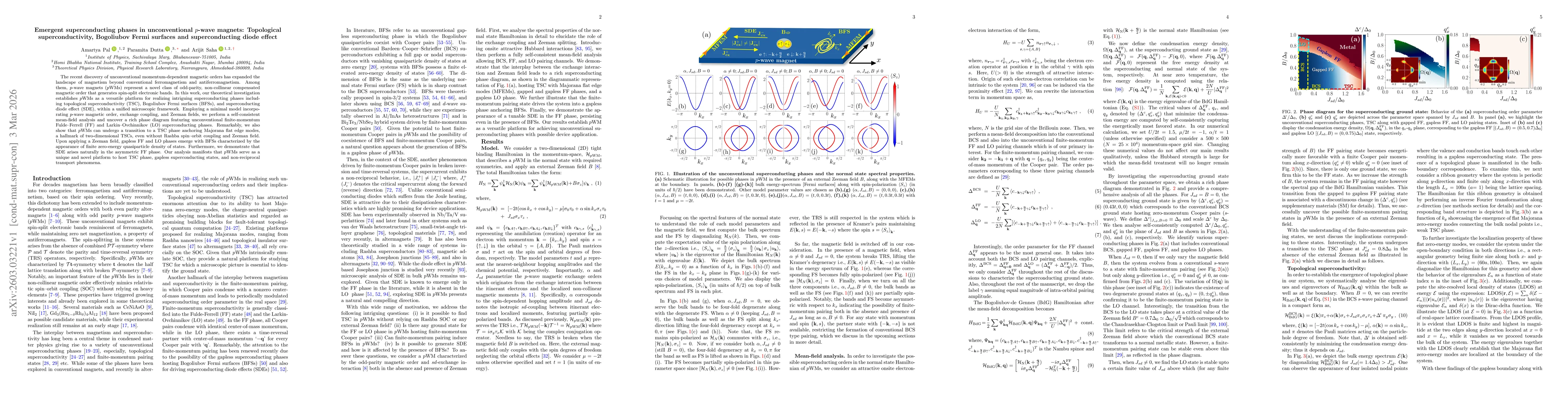 Thumbnail for Emergent superconducting phases in unconventional $p$-wave magnets: Topological superconductivity, Bogoliubov Fermi surfaces and superconducting diode effect