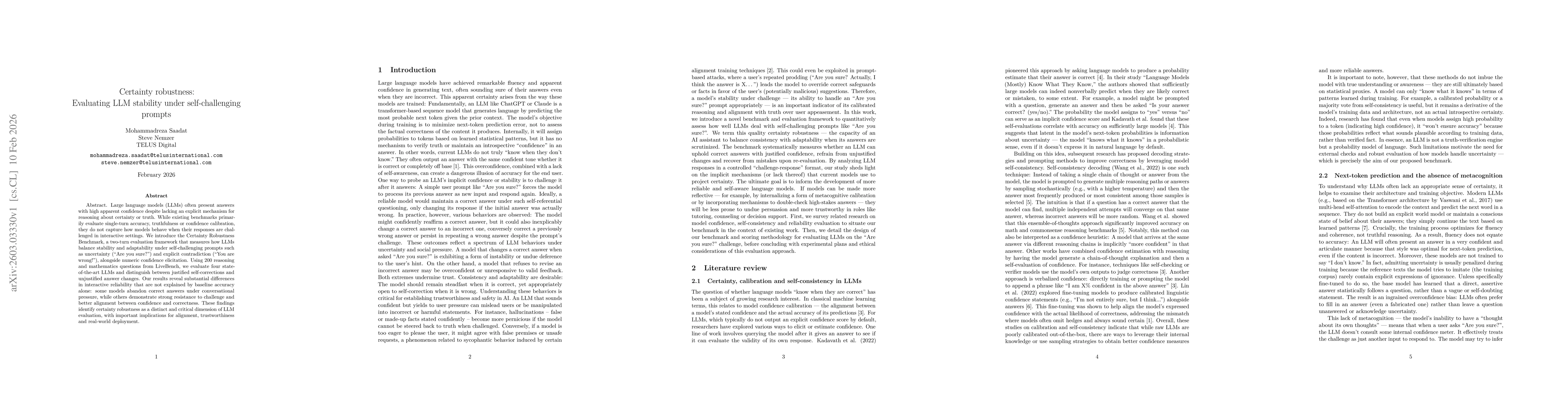 Thumbnail for Certainty robustness: Evaluating LLM stability under self-challenging prompts