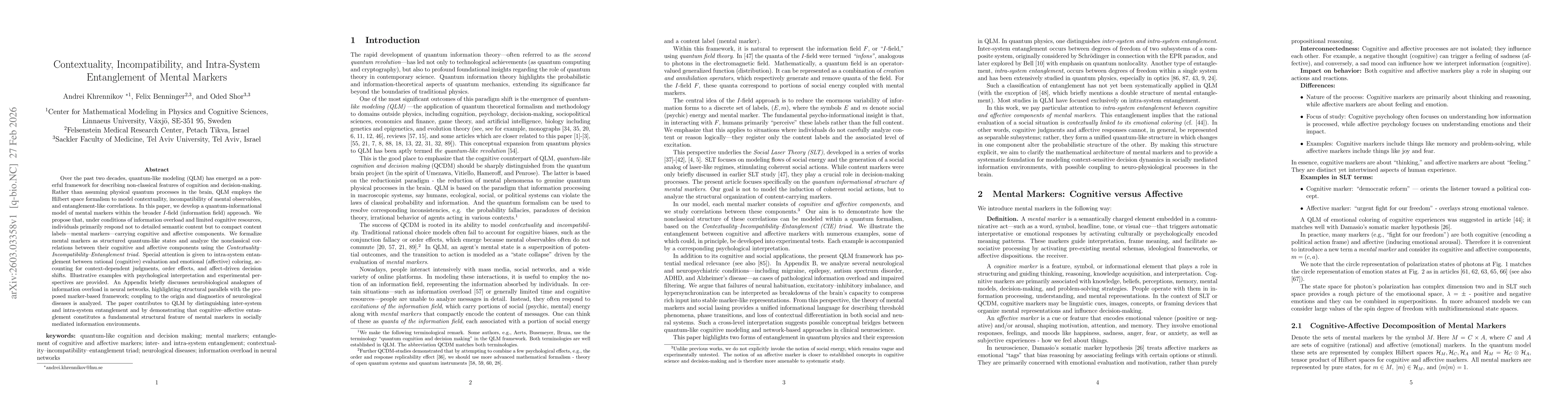 Thumbnail for Contextuality, Incompatibility, and Intra-System Entanglement of Mental Markers
