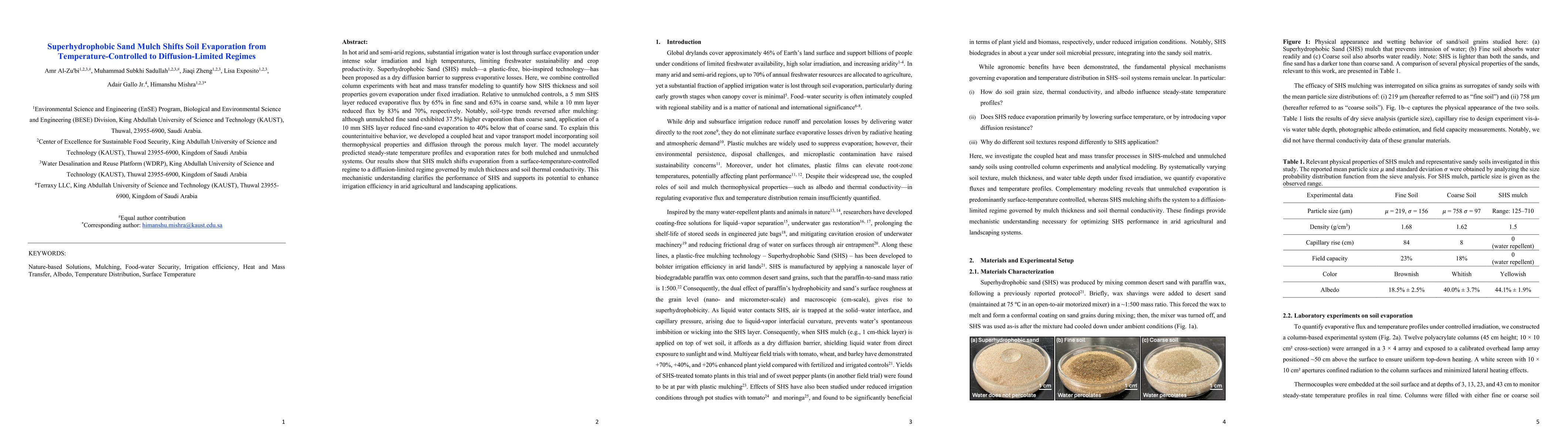 Thumbnail for Superhydrophobic Sand Mulch Shifts Soil Evaporation from Temperature-Controlled to Diffusion-Limited Regimes