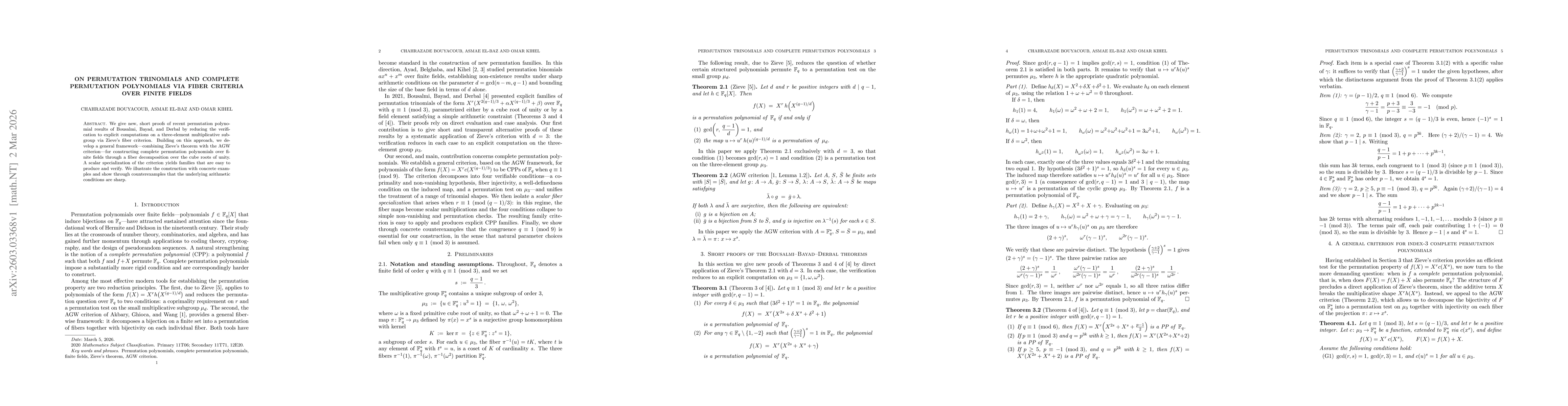 Thumbnail for On Permutation Trinomials and Complete Permutation Polynomials via Fiber Criteria over Finite Fields