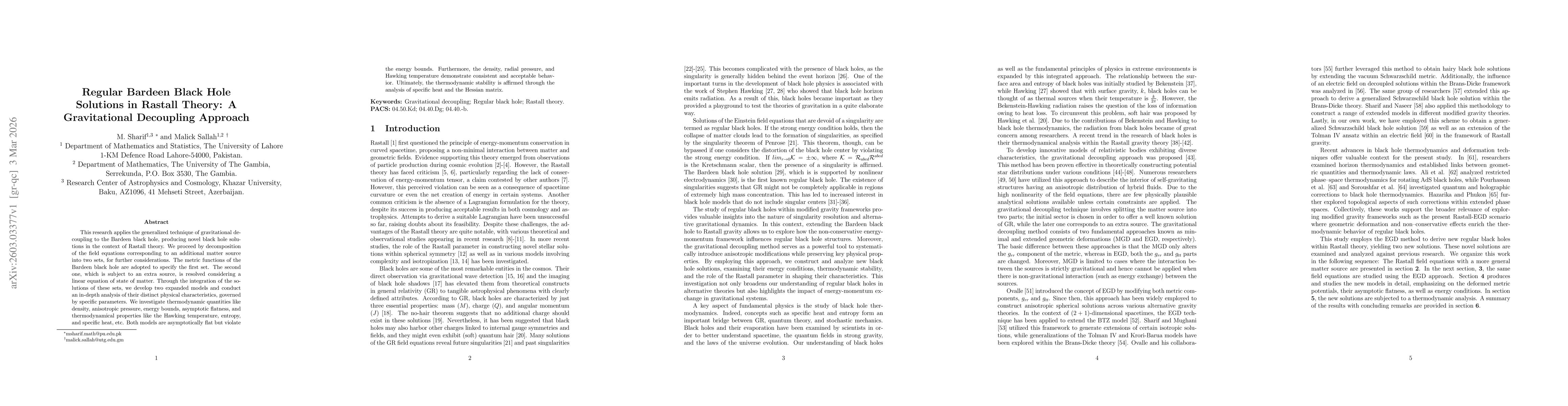 Thumbnail for Regular Bardeen Black Hole Solutions in Rastall Theory: A Gravitational Decoupling Approach