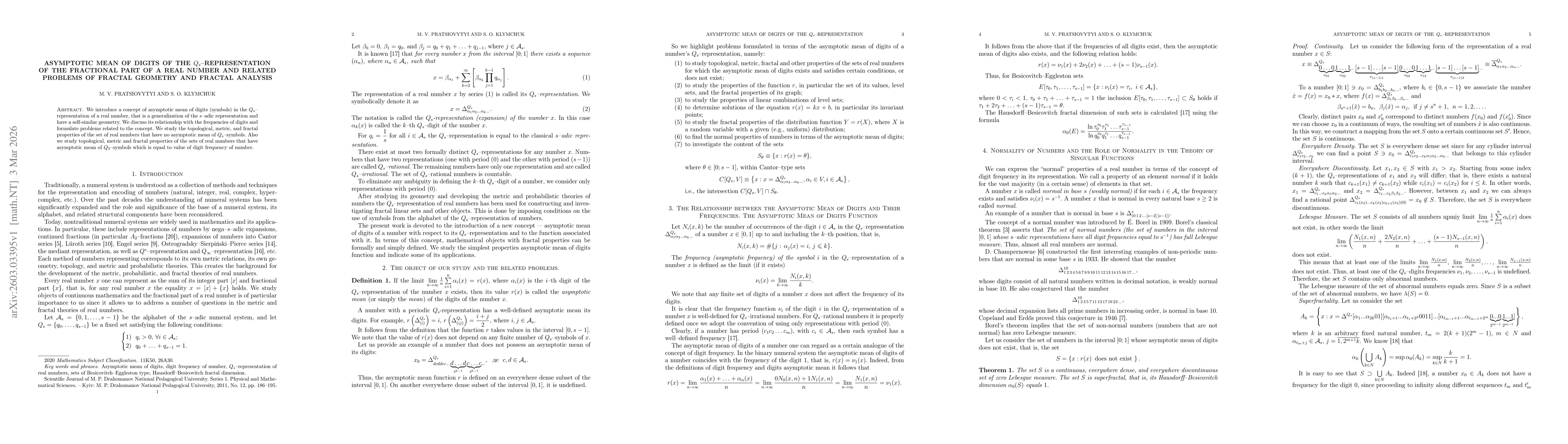 Thumbnail for Asymptotic Mean of Digits of the $Q_s$--representation of the Fractional Part of a Real Number and Related Problems of Fractal Geometry and Fractal Analysis